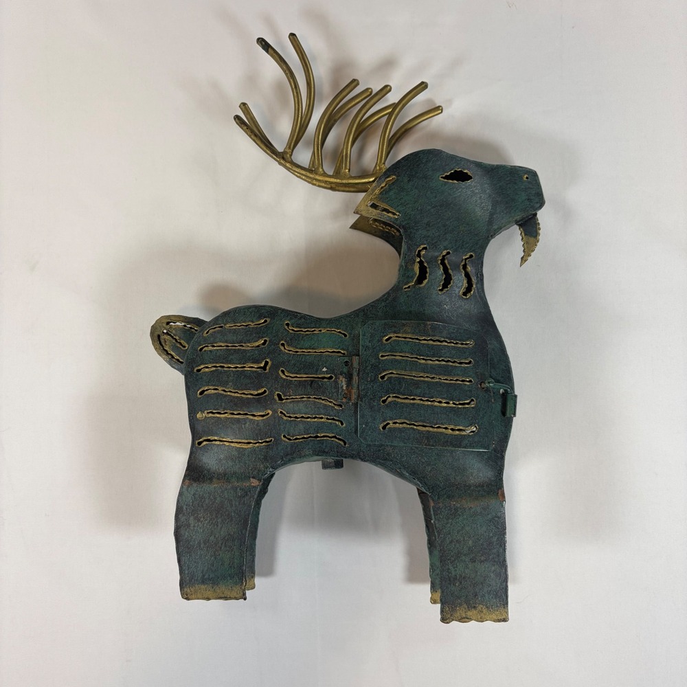 Rustic Verdigris Metal Reindeer Candle Holder Figurine Gold Antler Folk Art 13"